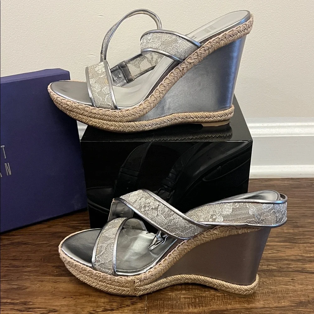 Stuart Weitzman Metallic Silver Espadrille Wedge Sandals - Picture 6 of 9